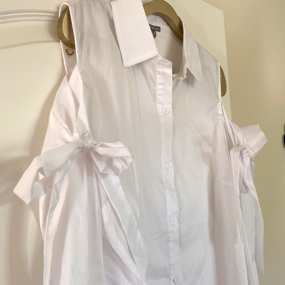 Charlotte Russe ladies, white button down with open shoulders and bow ties